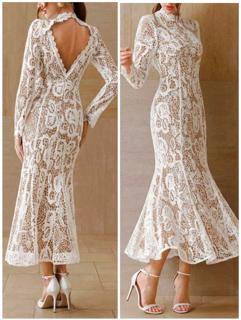 New Luxe Embroidered Lace Overlay Open Back Mermaid Long Dress White Tan Beige